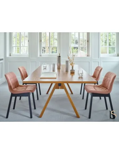 Table rectangulaire bois clair avec piètement traçant