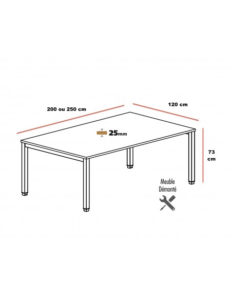 dimensions table de reunion tempo mobellinea en 200 ou 250 cm