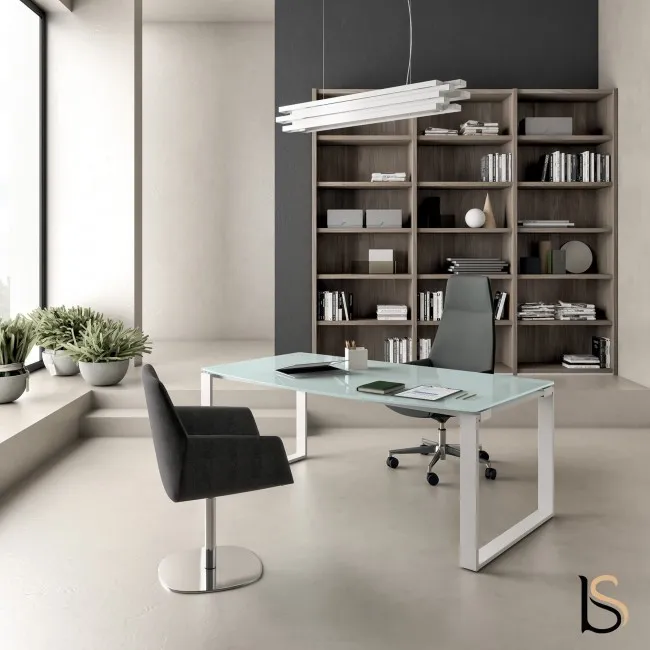 Bureau de Direction Design avec plateau en verre et piètements en métal X Time Ring - Quadrifoglio