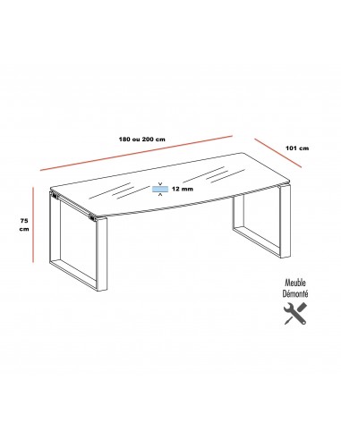 dimensions du bureau en verre X Time Officity piètement Ring