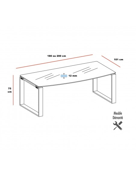 dimensions du bureau en verre X Time Officity piètement Ring