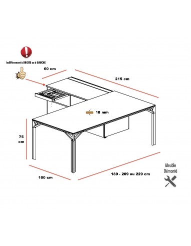 Dimensions bureau de Direction X8 - Officity avec rangement