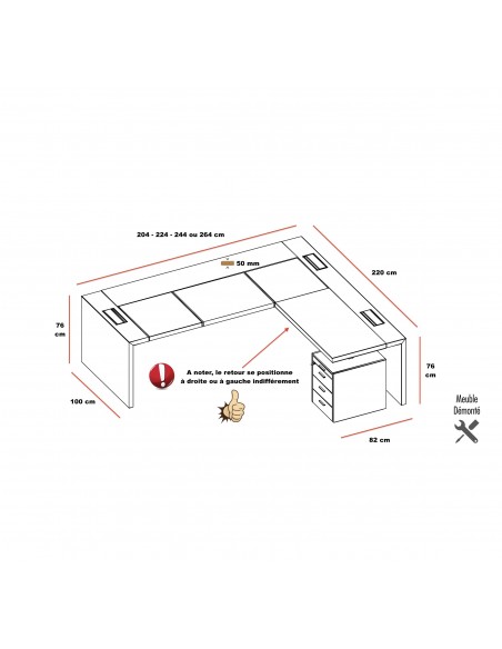dimensions bureau avec retour officity E10