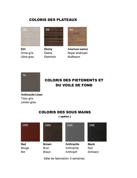 coloris disponible bureau E9 de chez Quadrifoglio