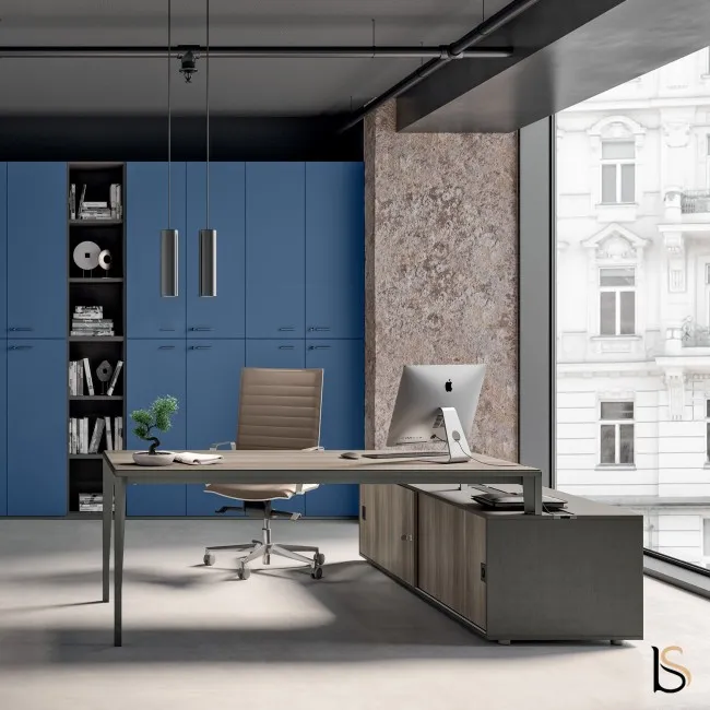 Bureau Manager épuré X5 - Quadrifoglio avec meuble de rangement grande capacité.
