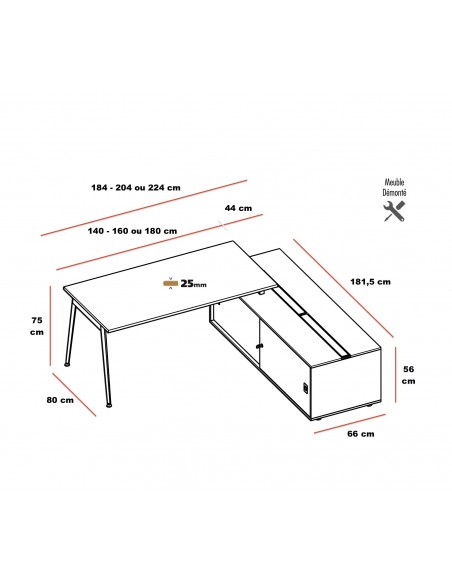 dimensions bureau scandinave x3 Quadrifoglio avec crédence retour bi-colore