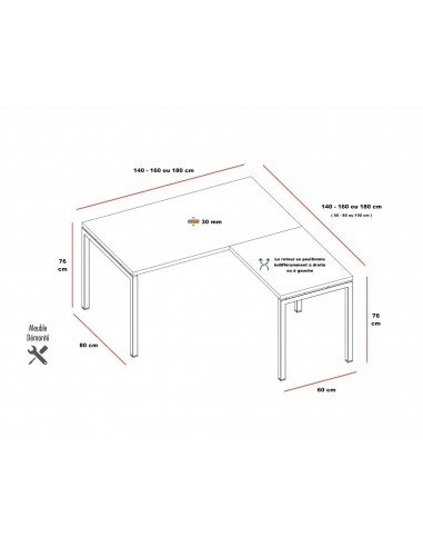 dimensions du bureau d'angle Idea Quadrifoglio avec retour