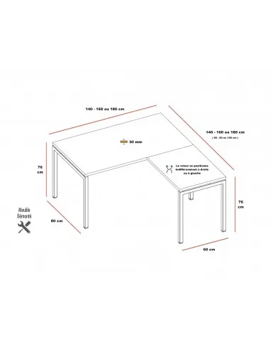 dimensions du bureau d'angle Idea Quadrifoglio avec retour