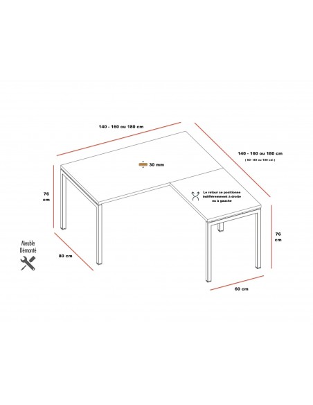 dimensions du bureau d'angle Idea Quadrifoglio avec retour