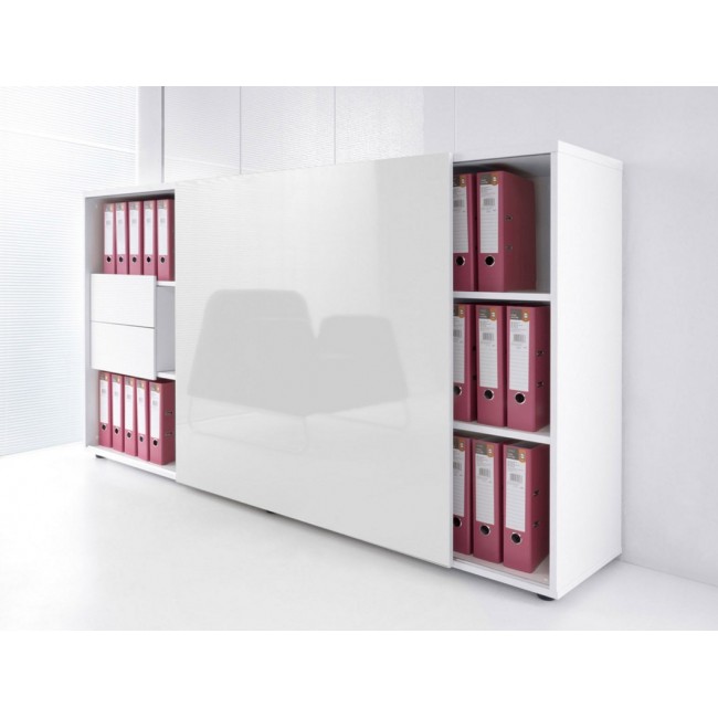 Armoire de bureau avec porte coulissante en stratifié, différents coloris disponibles, tiroirs de rangement de série.