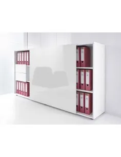 Armoire de bureau avec porte coulissante en stratifié, différents coloris disponibles, tiroirs de rangement de série.