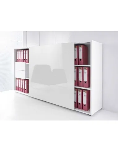 Armoire de bureau avec porte coulissante en stratifié, différents coloris disponibles, tiroirs de rangement de série.