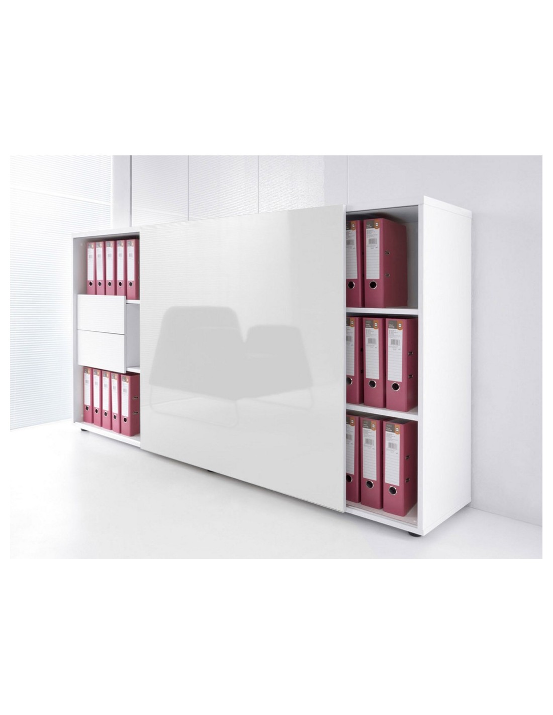 Armoire de bureau blanche basse design bois avec portes coulissantes