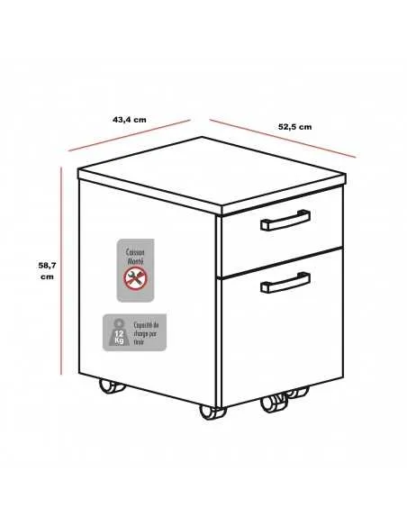 Dimensions du caisson mobile 2 tiroirs dont un pour les dossiers suspendus Mobel Linea.
