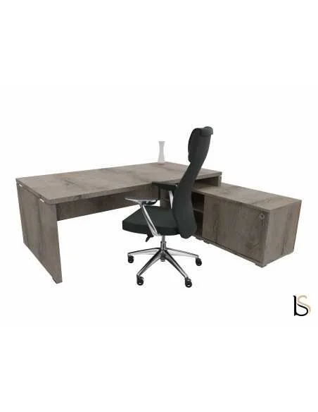 bureau de direction angle à droite TAK - Mobel Linea avec meuble de rangement coloris chêne grisé