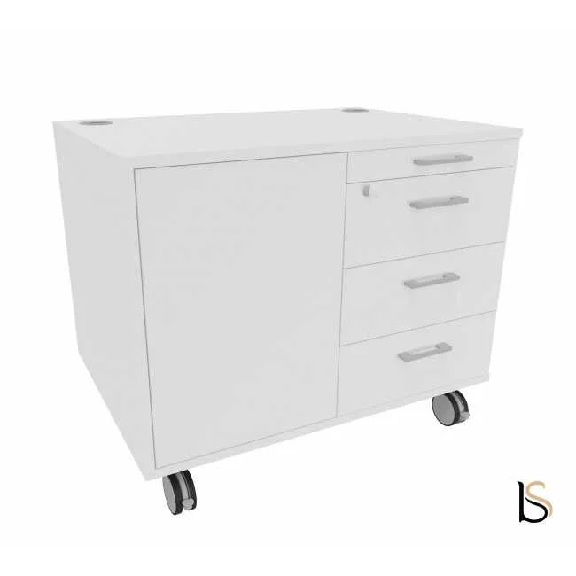 Desserte mobile blanche avec tiroirs (3 tiroirs plus grand compartiment) et roulettes, adapté bureau/ réunion.