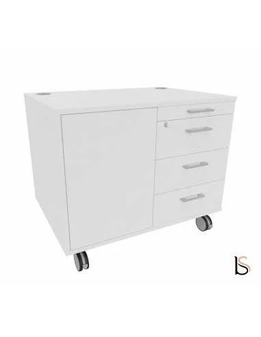 Desserte mobile blanche avec tiroirs (3 tiroirs plus grand compartiment) et roulettes, adapté bureau/ réunion.
