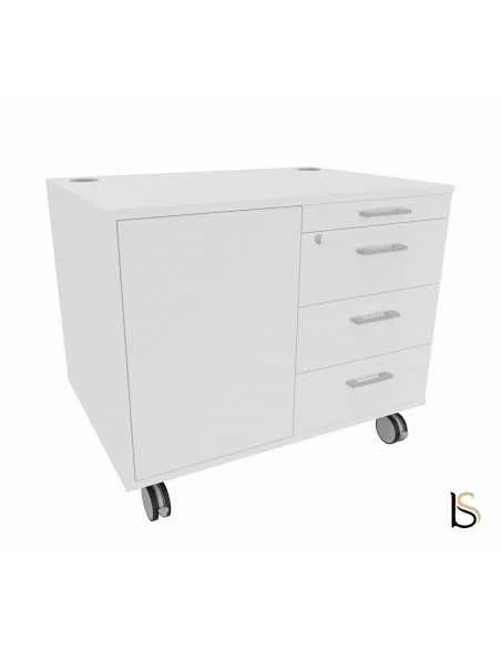 Desserte mobile blanche avec tiroirs (3 tiroirs plus grand compartiment) et roulettes, adapté bureau/ réunion.