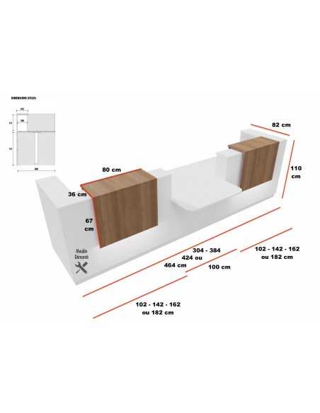 Dimensions banque d'accueil 2 personnes avec PMR au centre Mobel Linea équipée de réhausses lumineuses par LED