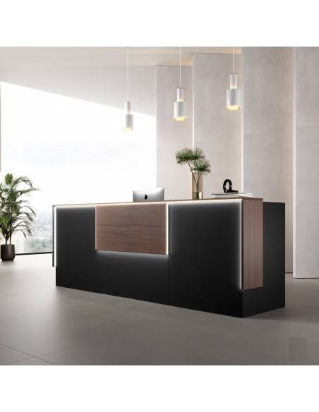 Banque d'accueil lumineuse Ega Dellarovere. Coloris noir avec partie supérieure chêne foncé