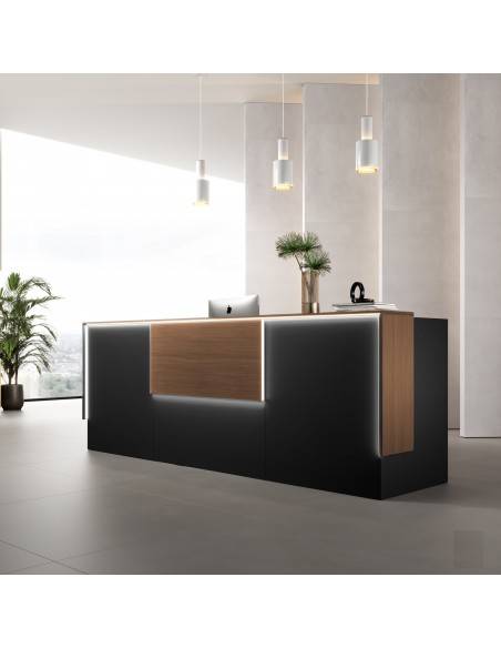 Banque d'accueil lumineuse Ega Dellarovere. Coloris noir avec partie supérieure noyer