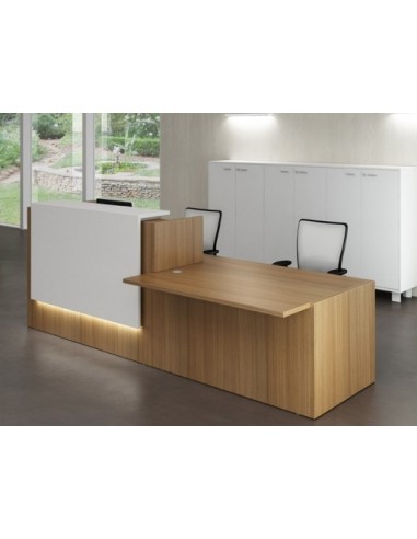 Banque d’accueil Z2 coloris Noyer Canaletto avec accès PMR à droite ou à gauche.