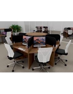 bureau call center 7 personnes en bois avec cloisons tissu acoustique, bois acacia fonce