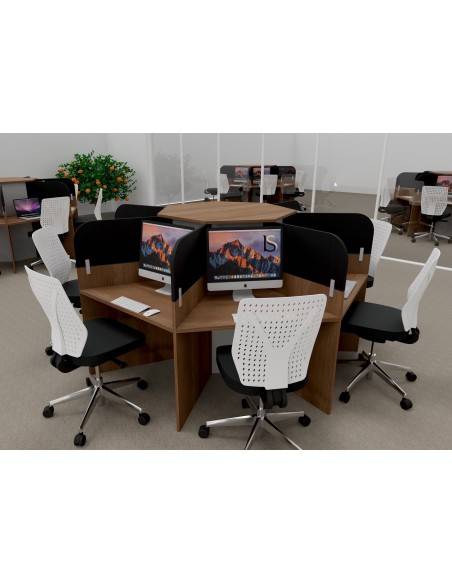 bureau call center 7 personnes en bois avec cloisons tissu acoustique, bois acacia fonce