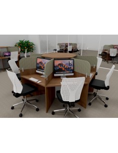 bureau call center 7 personnes en bois avec cloisons tissu acoustique beige, bois acacia fonce