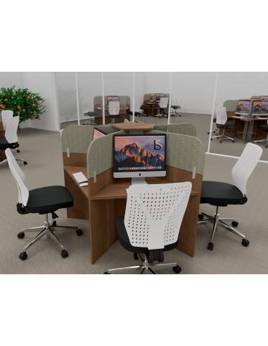 Bureau call center 5 places bois mélaminé acacia foncé, cloisons acoustiques beige