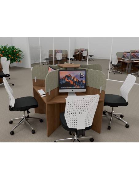Bureau call center 5 places bois mélaminé acacia foncé, cloisons acoustiques beige