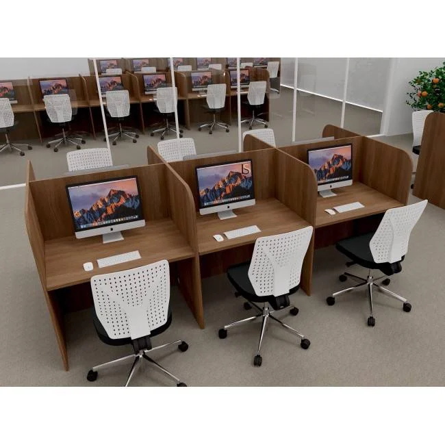 Bureau centre d'appels 6 personnes, version double en bois acacia foncé. Mobel Linea