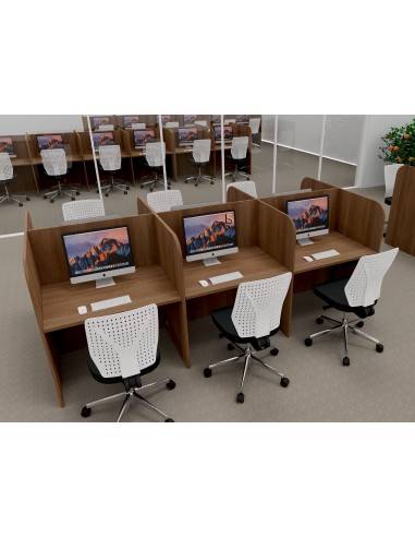 Bureau centre d'appels 6 personnes, version double en bois acacia foncé. Mobel Linea