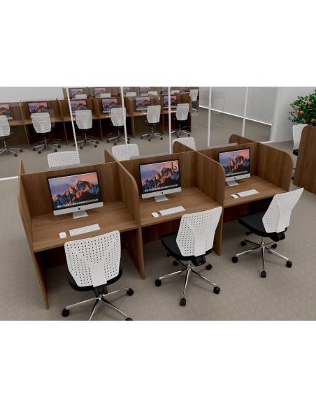 Bureau centre d'appels 6 personnes, version double en bois acacia foncé. Mobel Linea