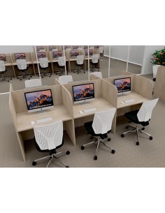 Bureau centre d'appels 6 personnes, version double en bois acacia clair. Mobel Linea
