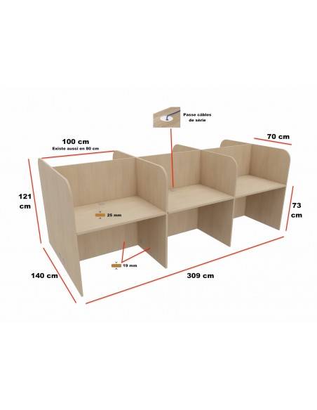 dimensions Bureau centre d'appels 6 personnes, version double en bois Mobel Linea