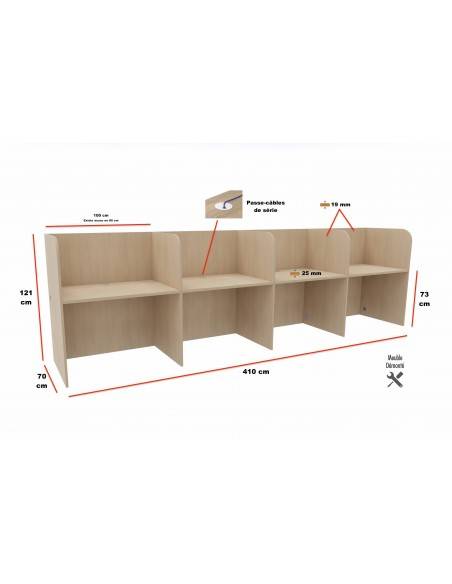 Dimensions bureau 4 personnes version murale pour centre d'appel Mobel Linea Call