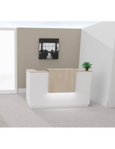 Borne d'accueil bicolor Delta Mobel Linea. Modèle 1 personne. Coloris blanc avec partie supérieure acacia clair et éclairage LED