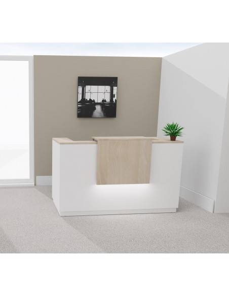 Borne d'accueil bicolor Delta Mobel Linea. Modèle 1 personne. Coloris blanc avec partie supérieure acacia clair et éclairage LED