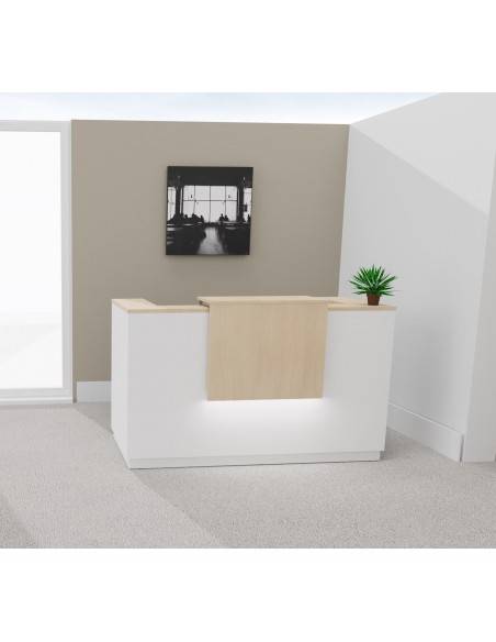 Borne d'accueil bicolor Delta Mobel Linea. Modèle 1 personne. Coloris blanc avec partie supérieure chêne moyen et éclairage LED