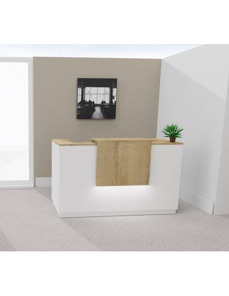 Borne d'accueil bicolor Delta Mobel Linea. Modèle 1 personne. Coloris blanc avec partie supérieure chêne veiné et éclairage LED