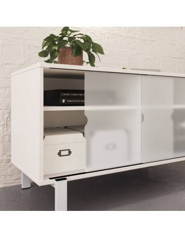 détail console de rangement mobel linea avec portes coulissantes en plexiglass