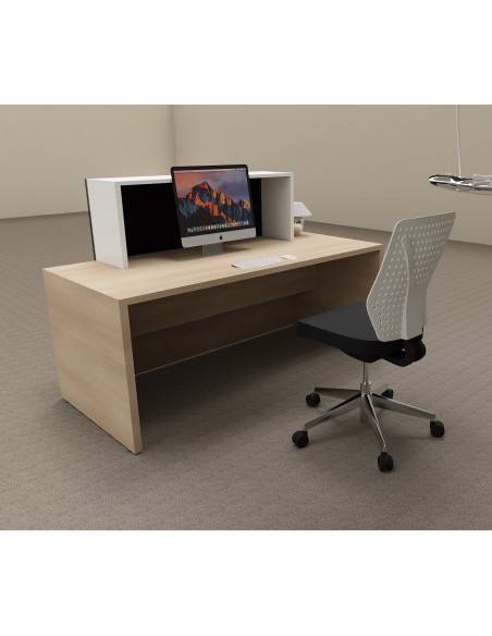 vue arrière comptoir accueil pas cher Pano coloris bois chêne clair, rehausse noir brillant