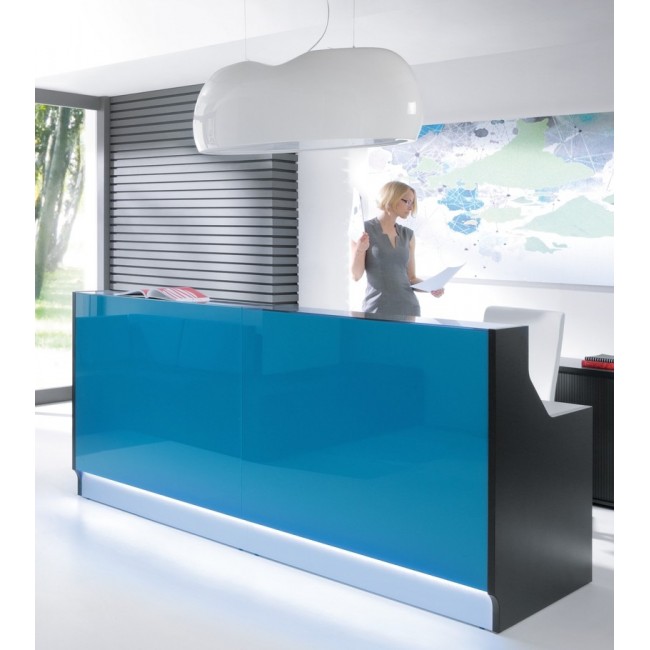 Banque d'accueil droite modèle Linea façade Turquoise, largeur 245 cm - MDD