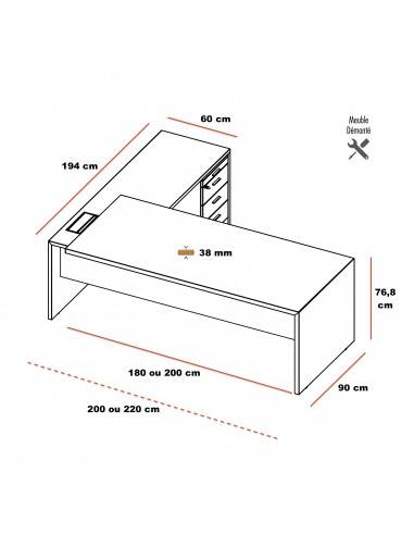 Dimensions bureau T45 avec retour