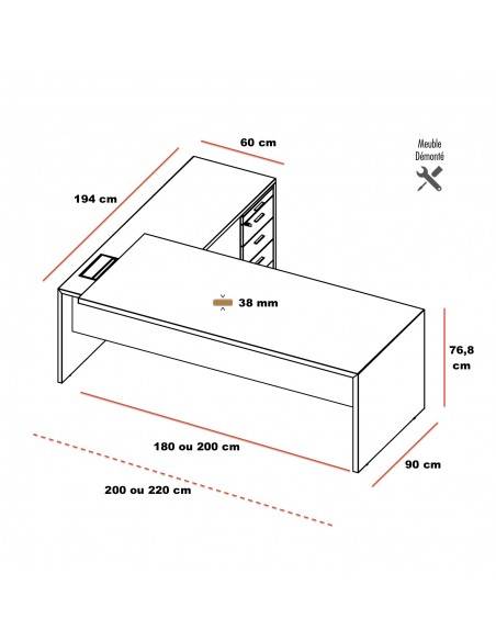 Dimensions bureau T45 avec retour