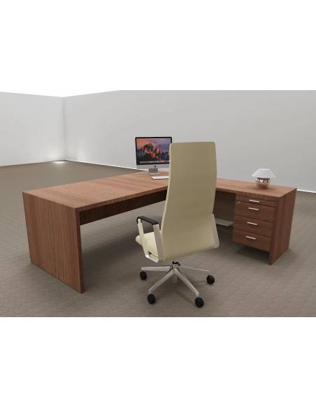 vue arriere Bureau d'angle T45 avec desserte à droite – Quadrifoglio. retour a droite noyer canaletto