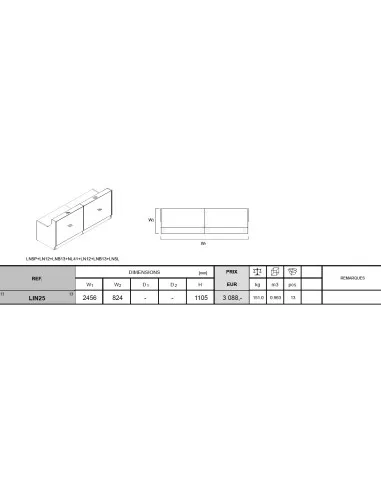 Banque d'accueil droite modèle Linea façade Turquoise, largeur 245 cm - MDD