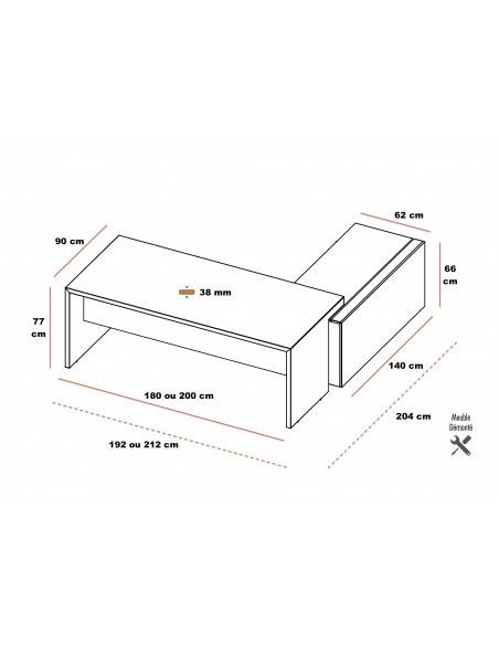dimension bureau T45 avec desserte retour quadrifoglio