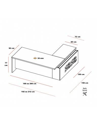 dimensions bureau de direction design T45 Quadrifoglio avec meuble retour integre